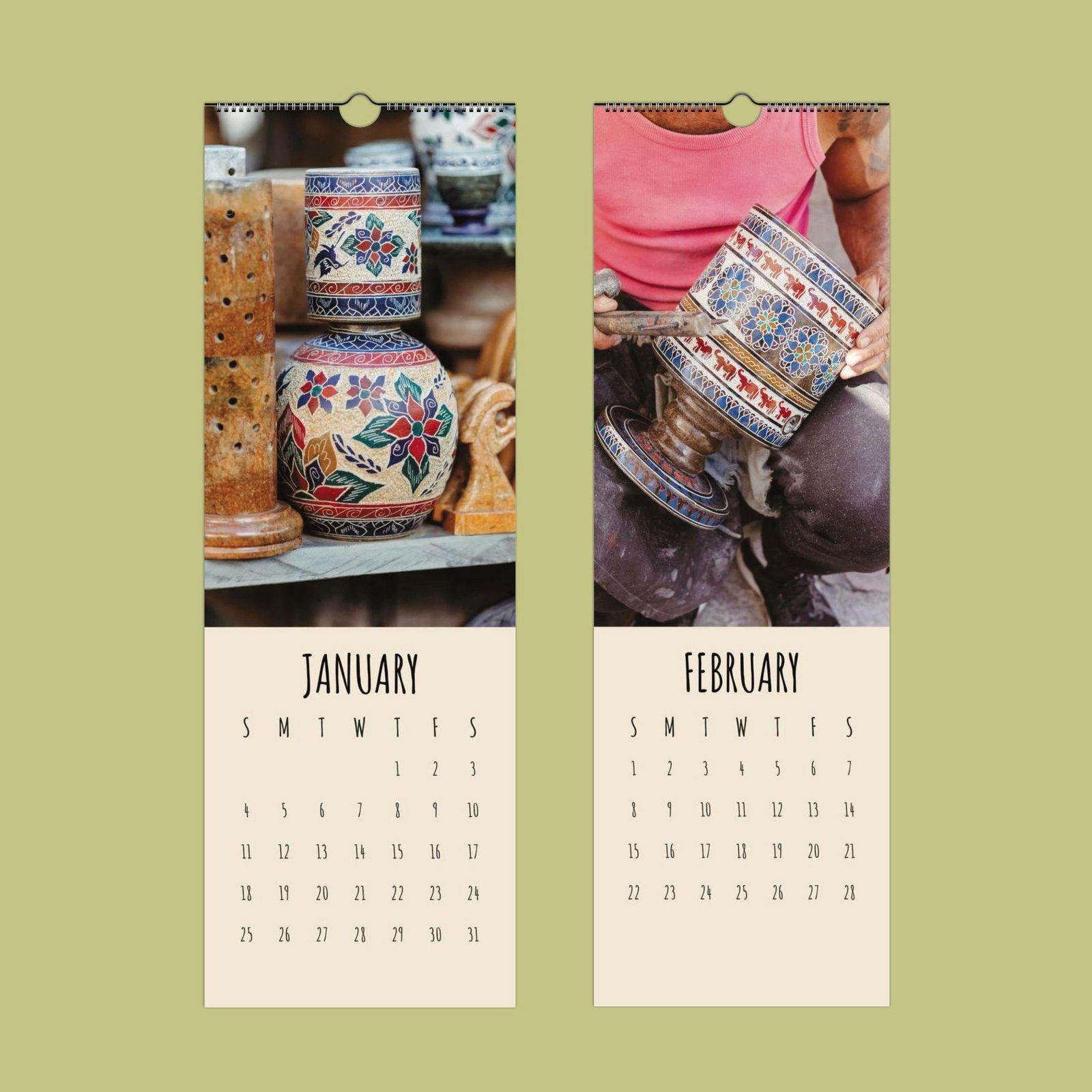 Handcrafted pottery calendar for January and February.