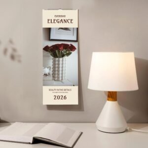 Elegant 2026 calendar with roses and lamp.