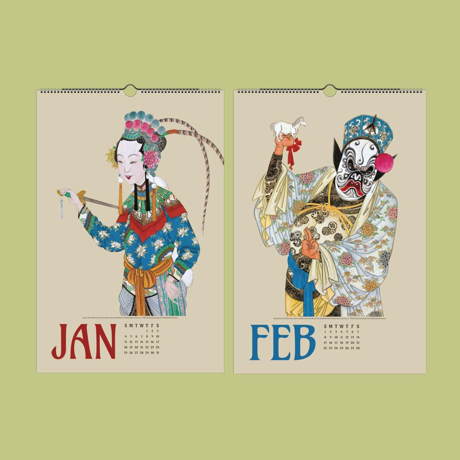 Chinese opera-themed calendar for January and February.