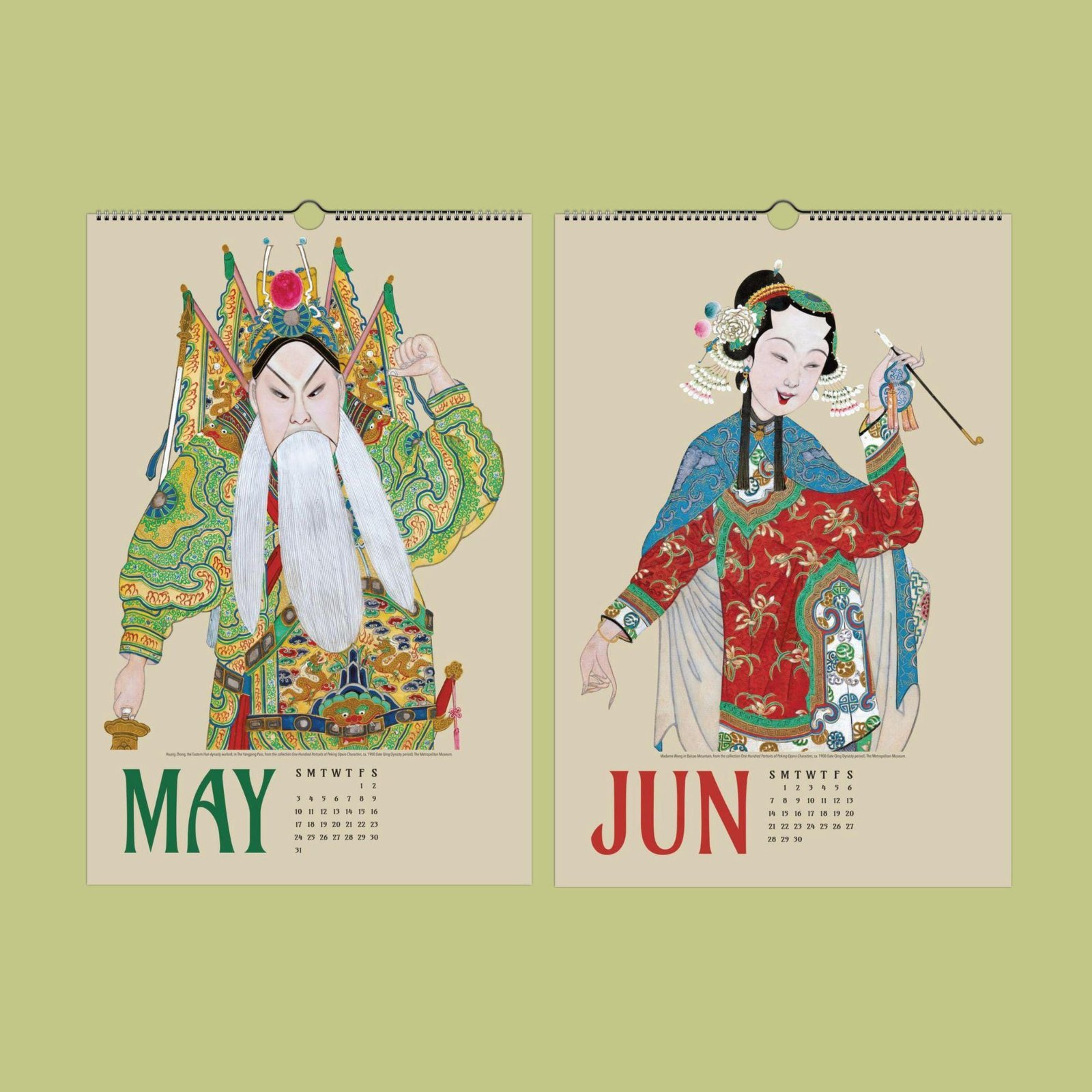 Illustrated May and June calendar with colorful costumes.