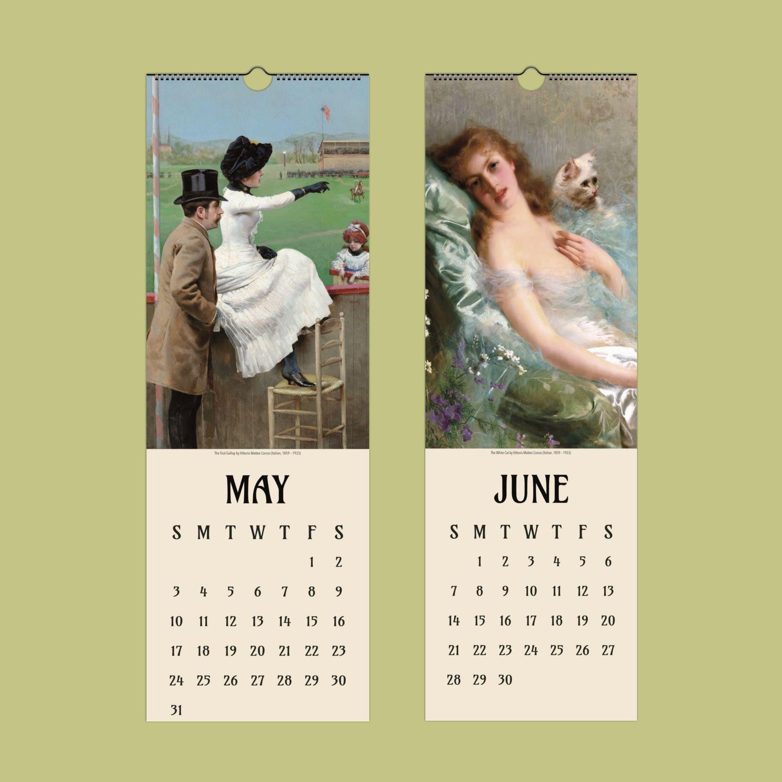 Vintage May and June calendar pages with art.