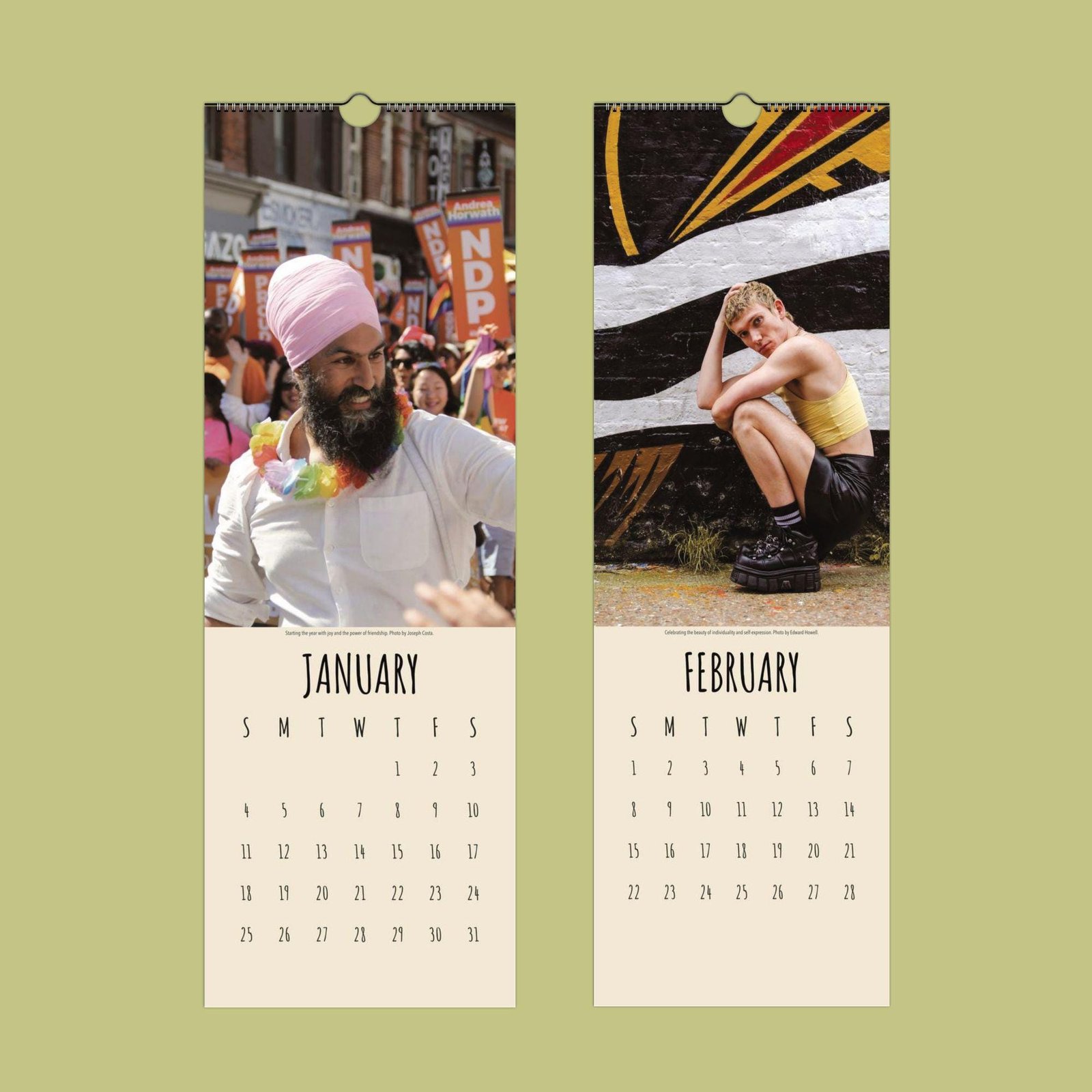 Colorful January and February calendar pages display.