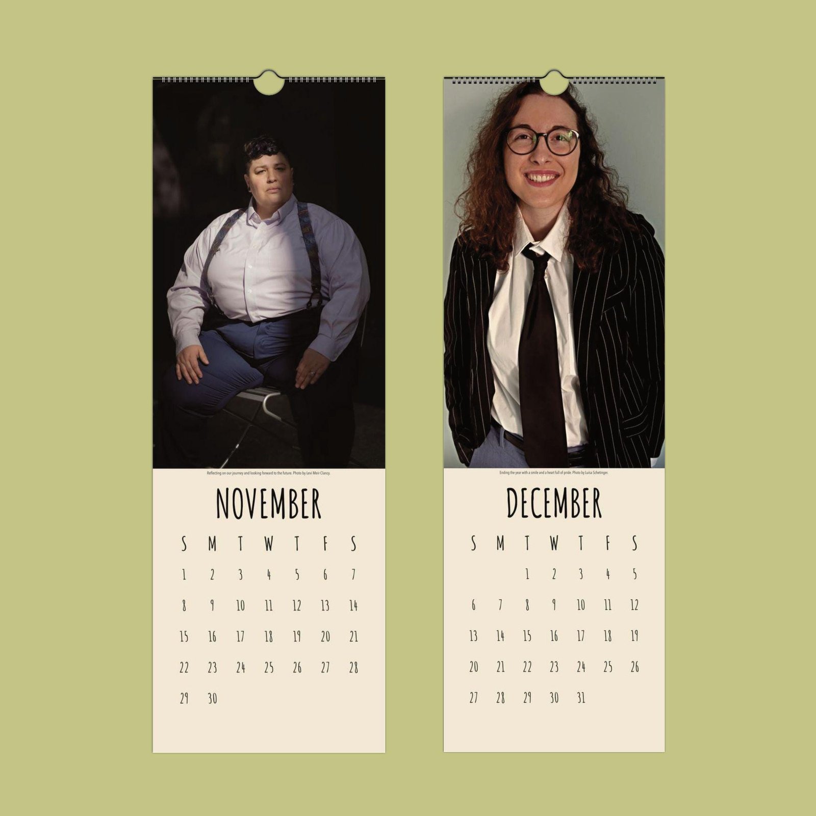 Calendar pages for November and December with portraits.