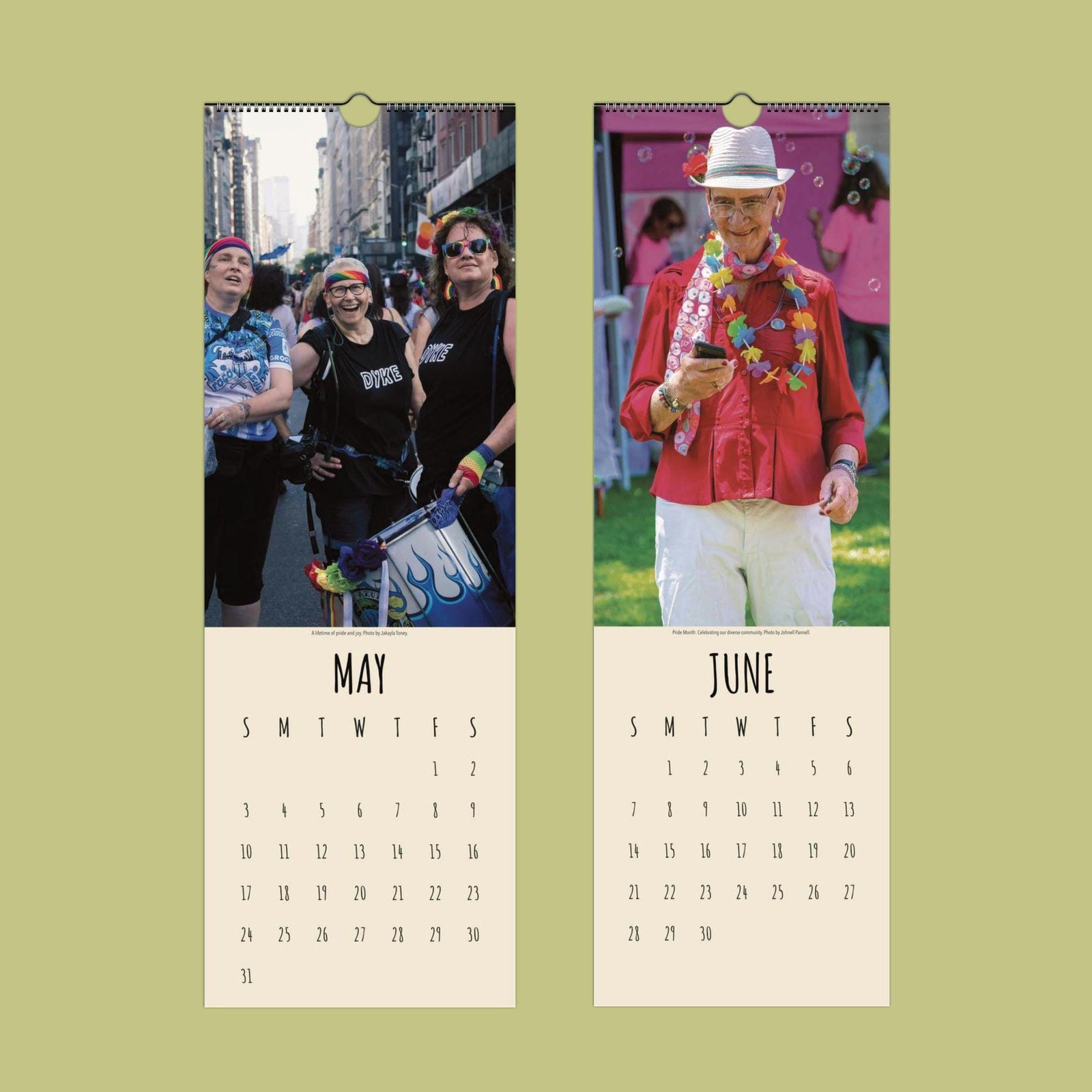 LGBTQ+ pride calendar: May and June pages.