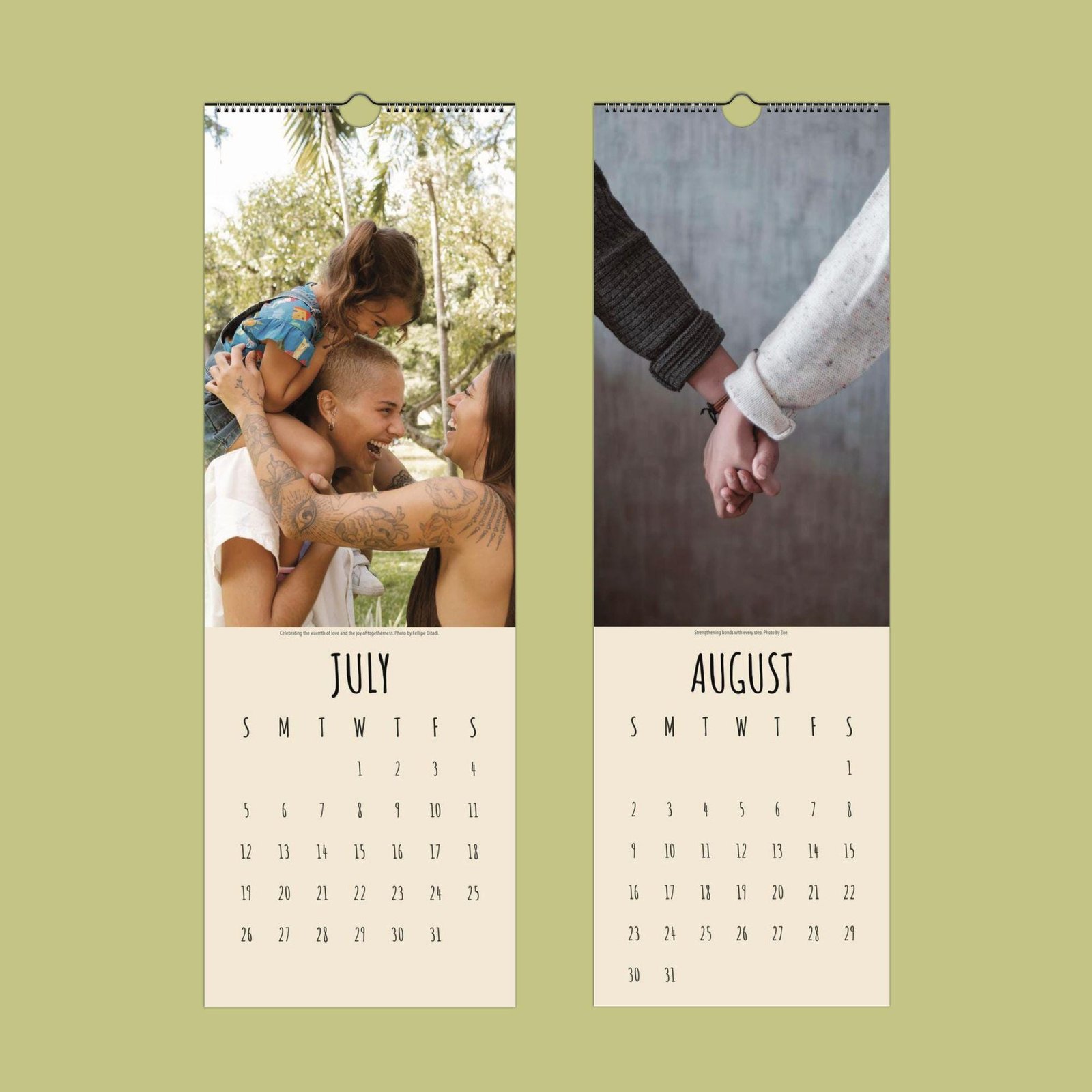 July August calendar pages with family moments.