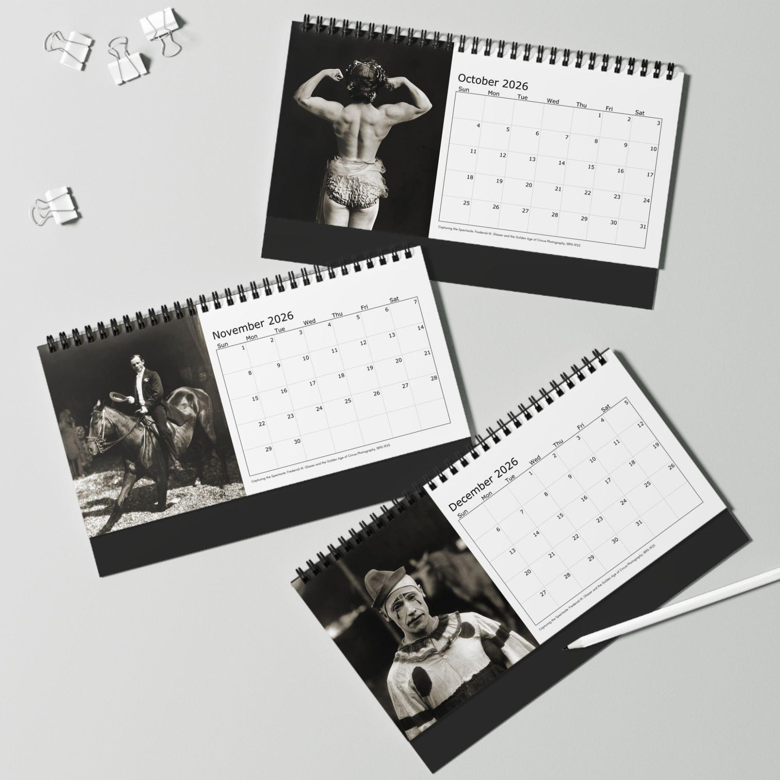 Vintage circus-themed calendars for October to December 2026.