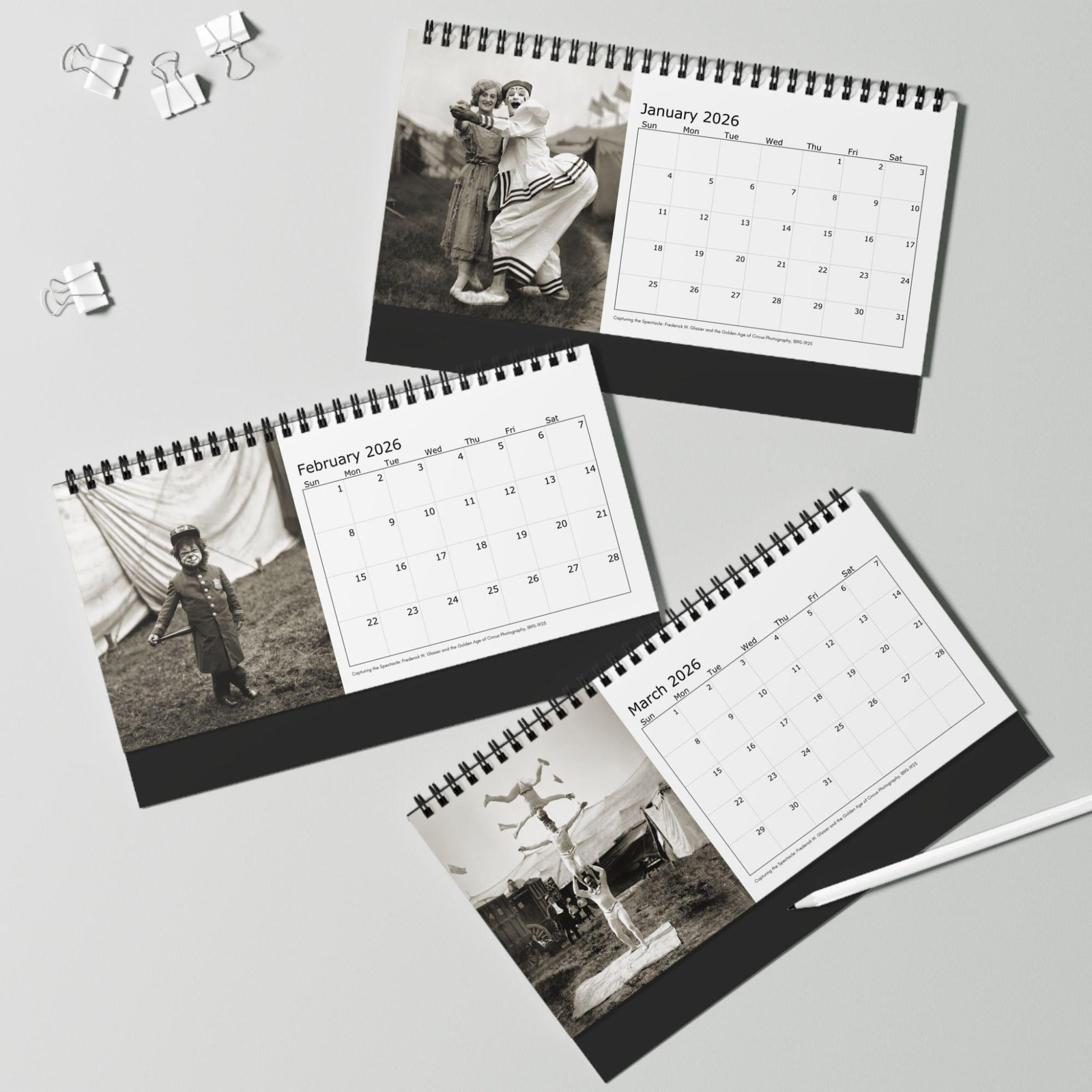 Vintage photo wall calendars, January-March 2026.