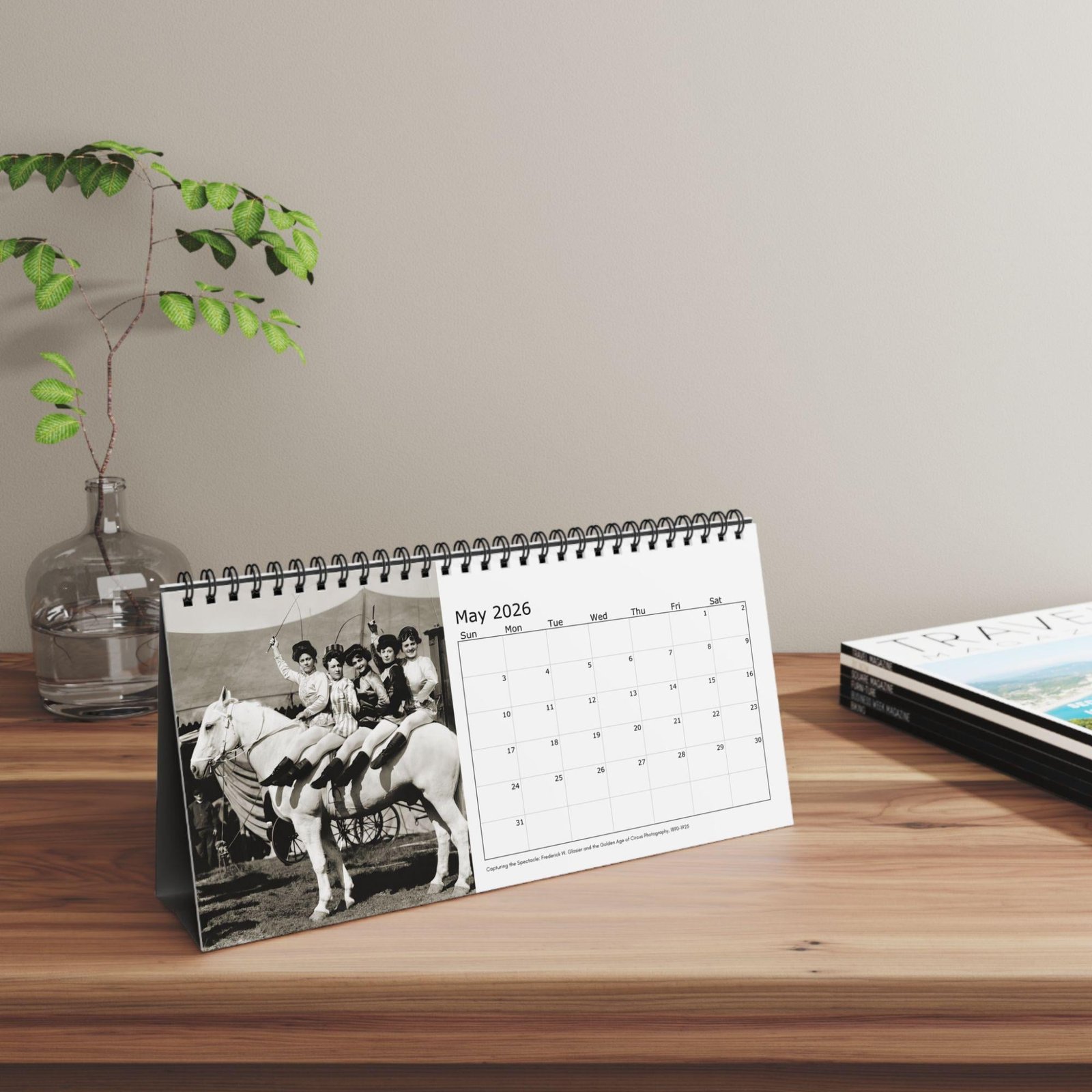 Desk calendar on May 2026 with vintage photo.