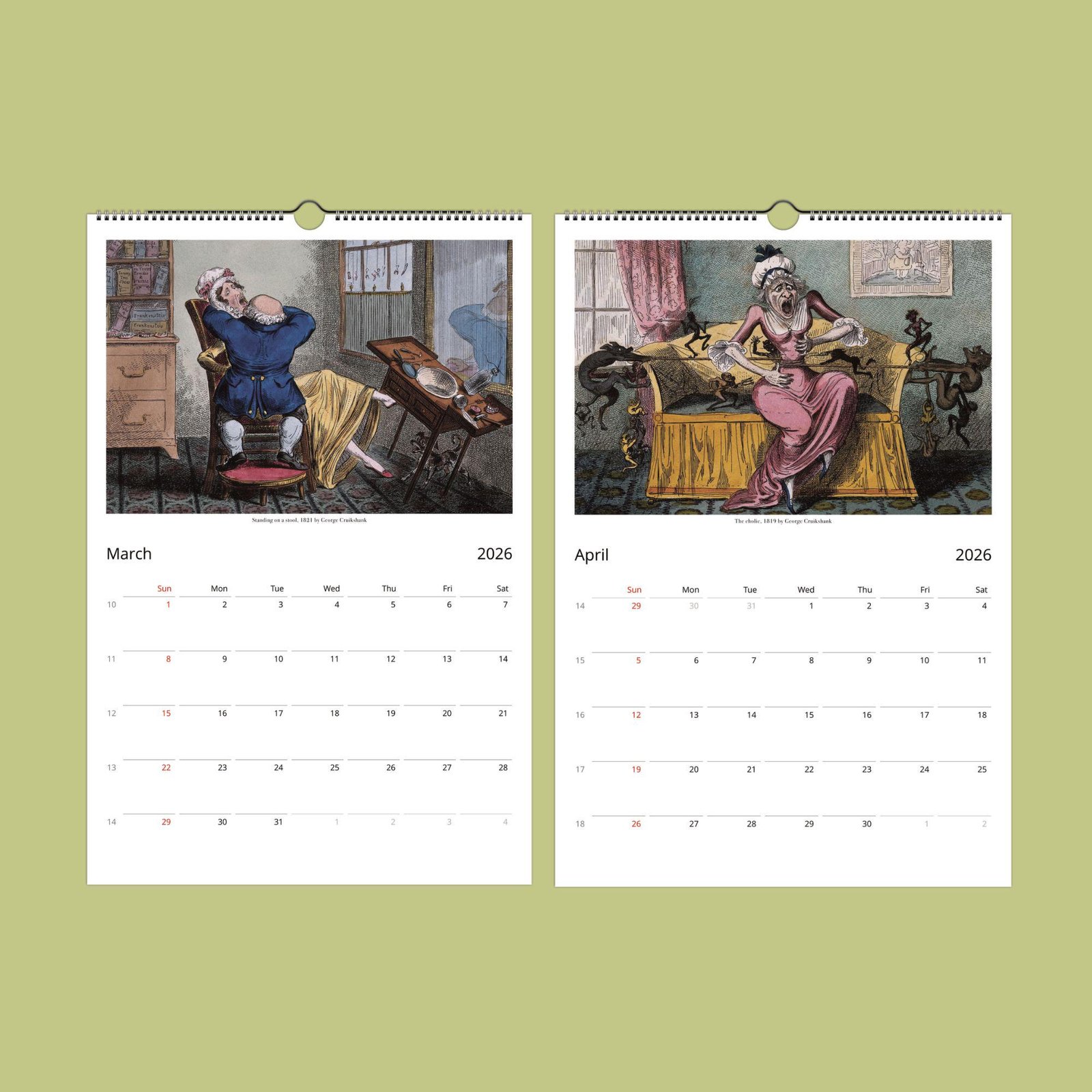 Historical calendar pages for March and April 2026.