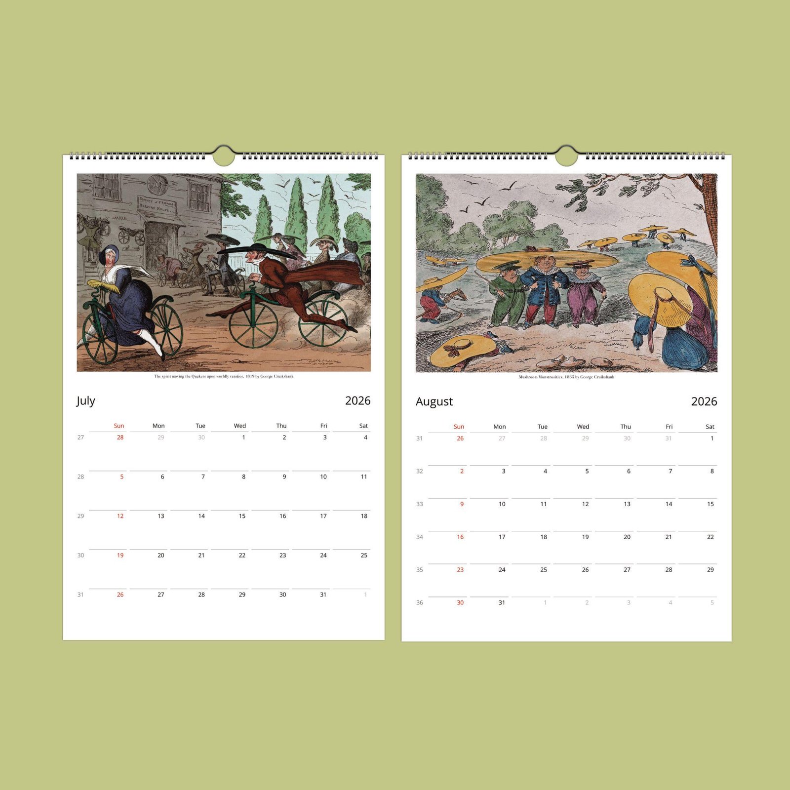 July and August 2026 calendar with vintage illustrations.