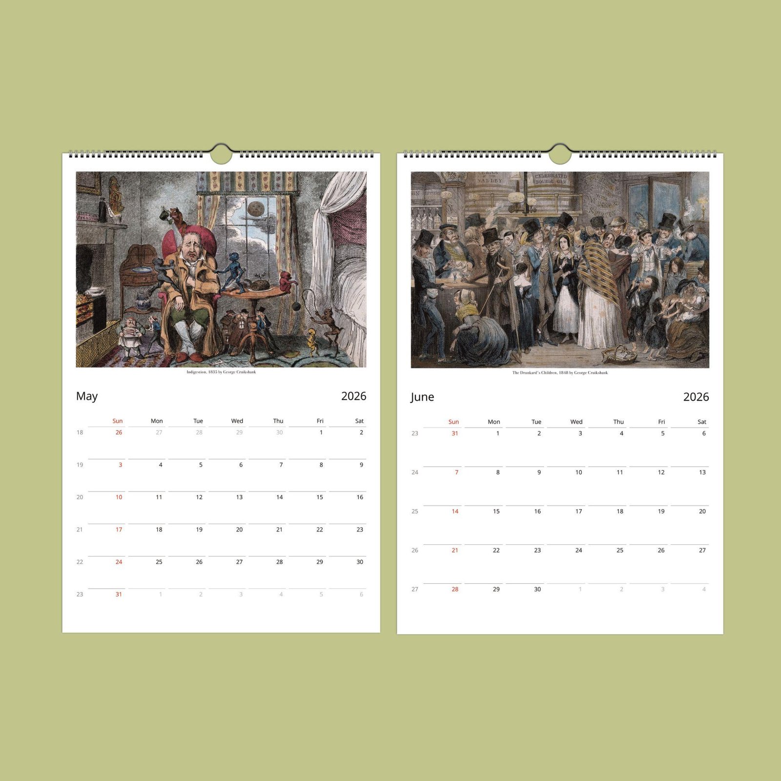 2026 calendar with historical illustrations.