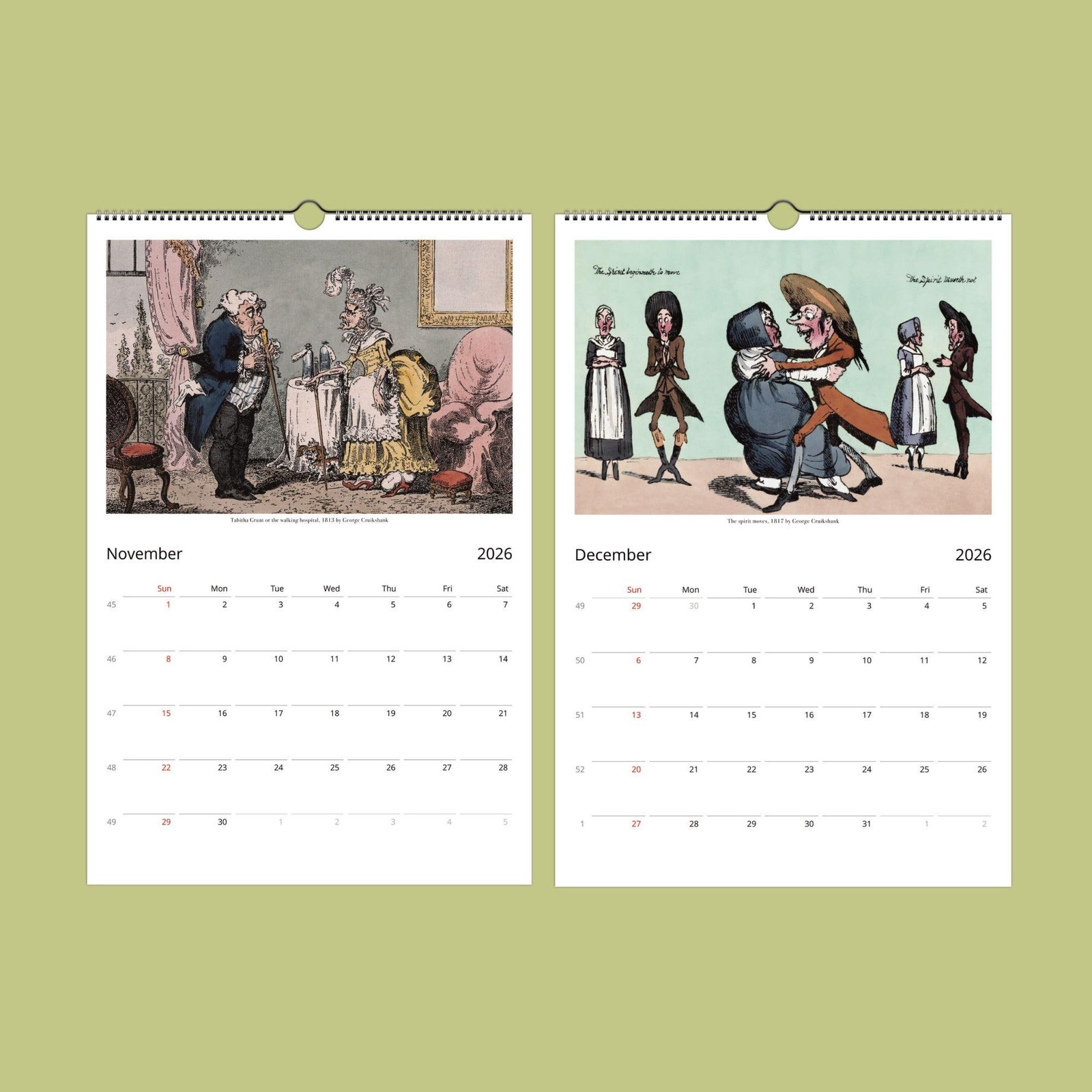 2026 calendar with vintage illustrations for November, December.