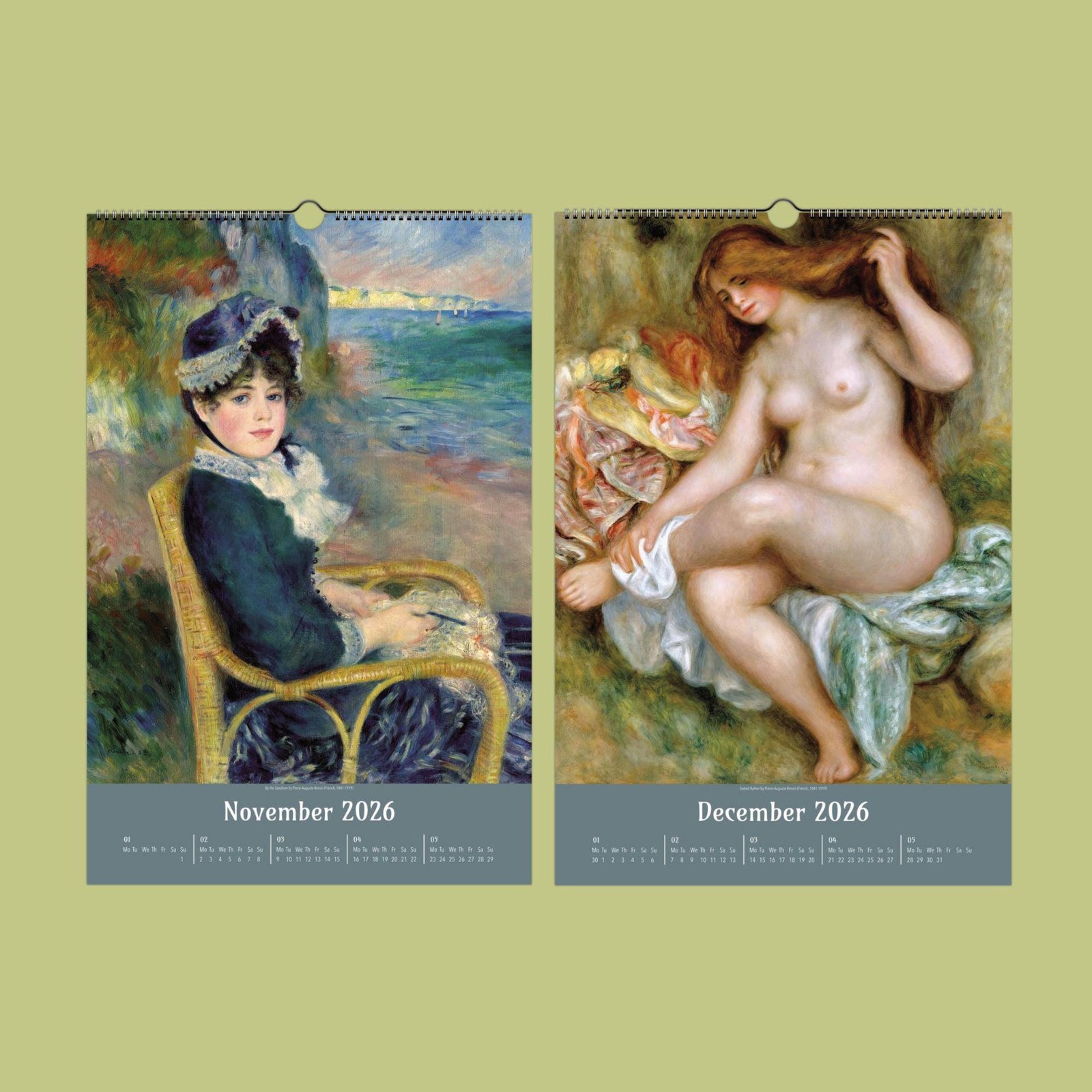 Renoir paintings on 2026 calendar pages, November, December.