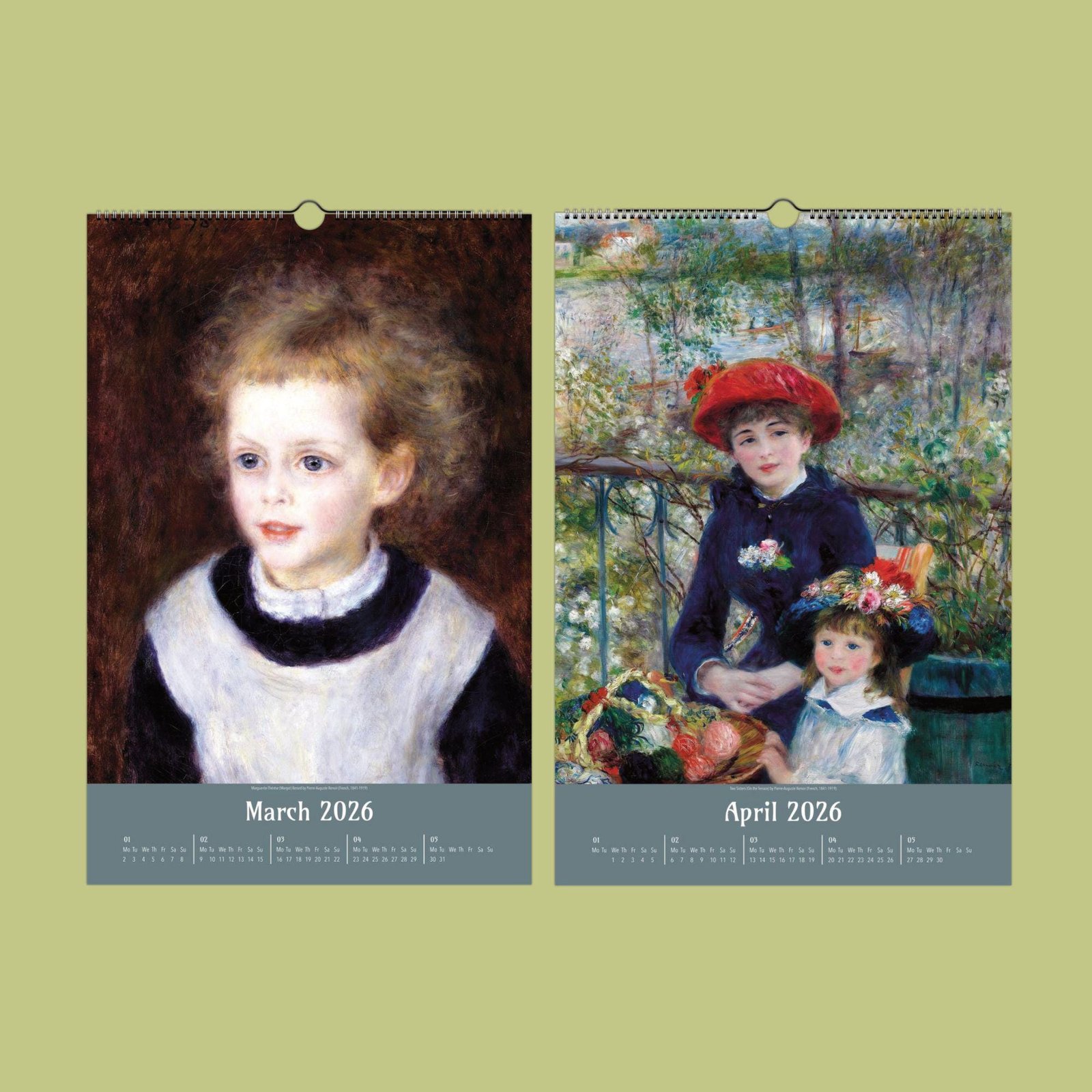 Renoir paintings, March and April 2026 calendar pages.