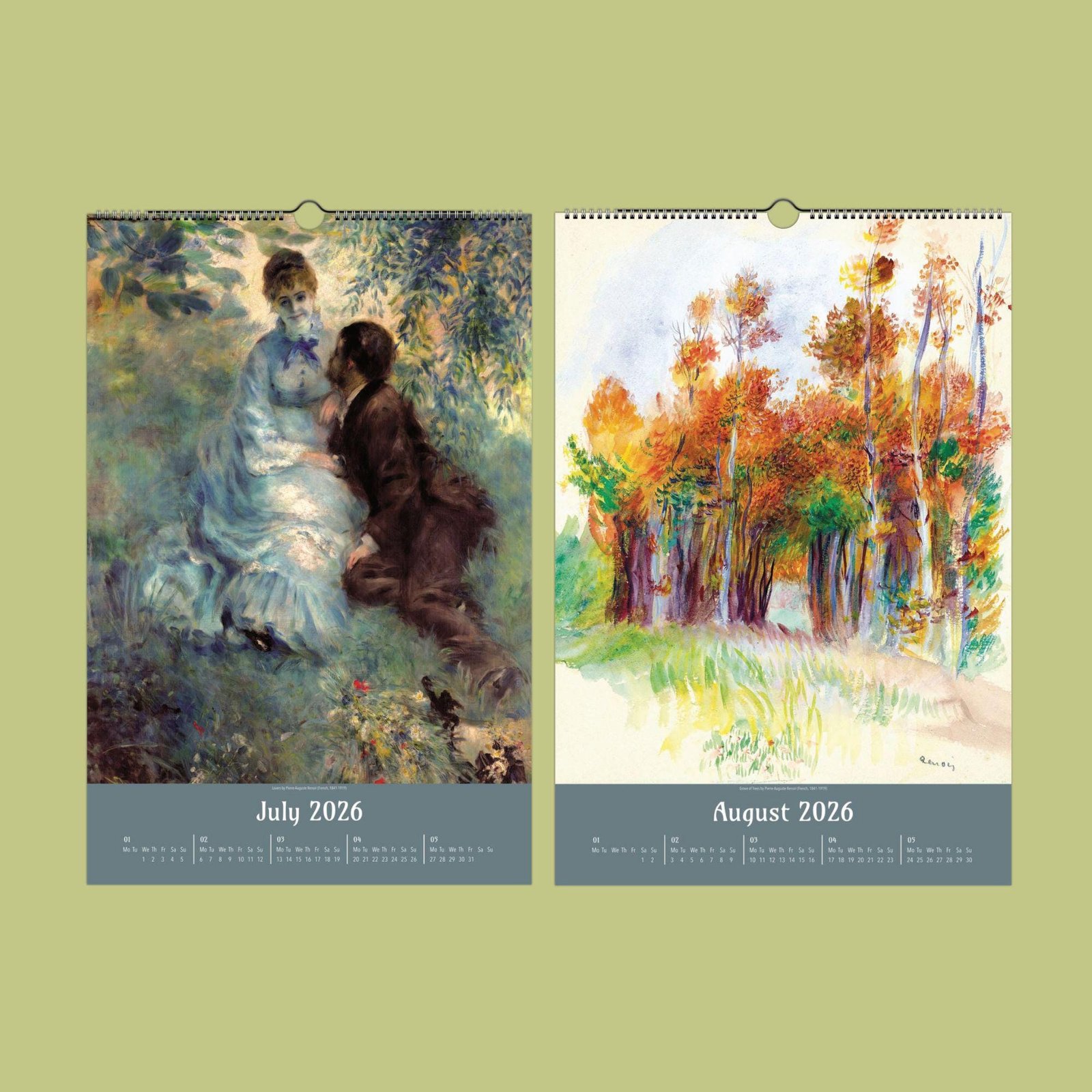 Calendar showing July and August 2026 with artwork.