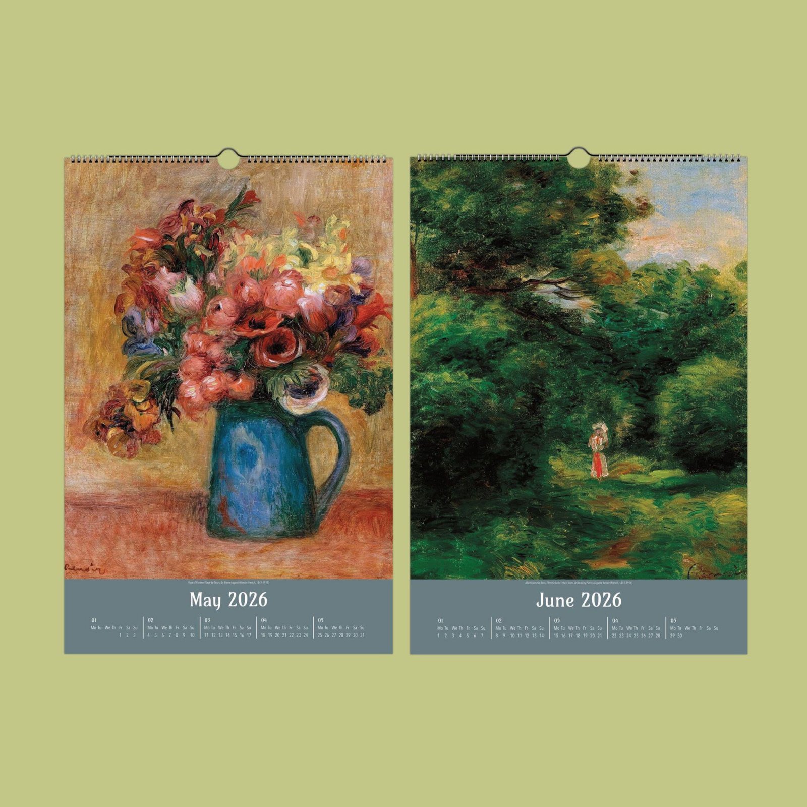 Renoir calendar pages, May flowers, June landscape.