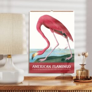 American flamingo calendar on wall near lamp.