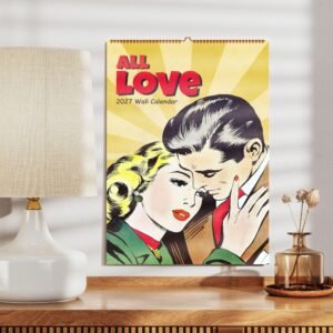 2027 All Love calendar on wall with lamp