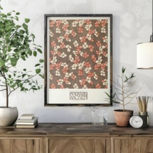 Decorative floral art on wall with plants and books.