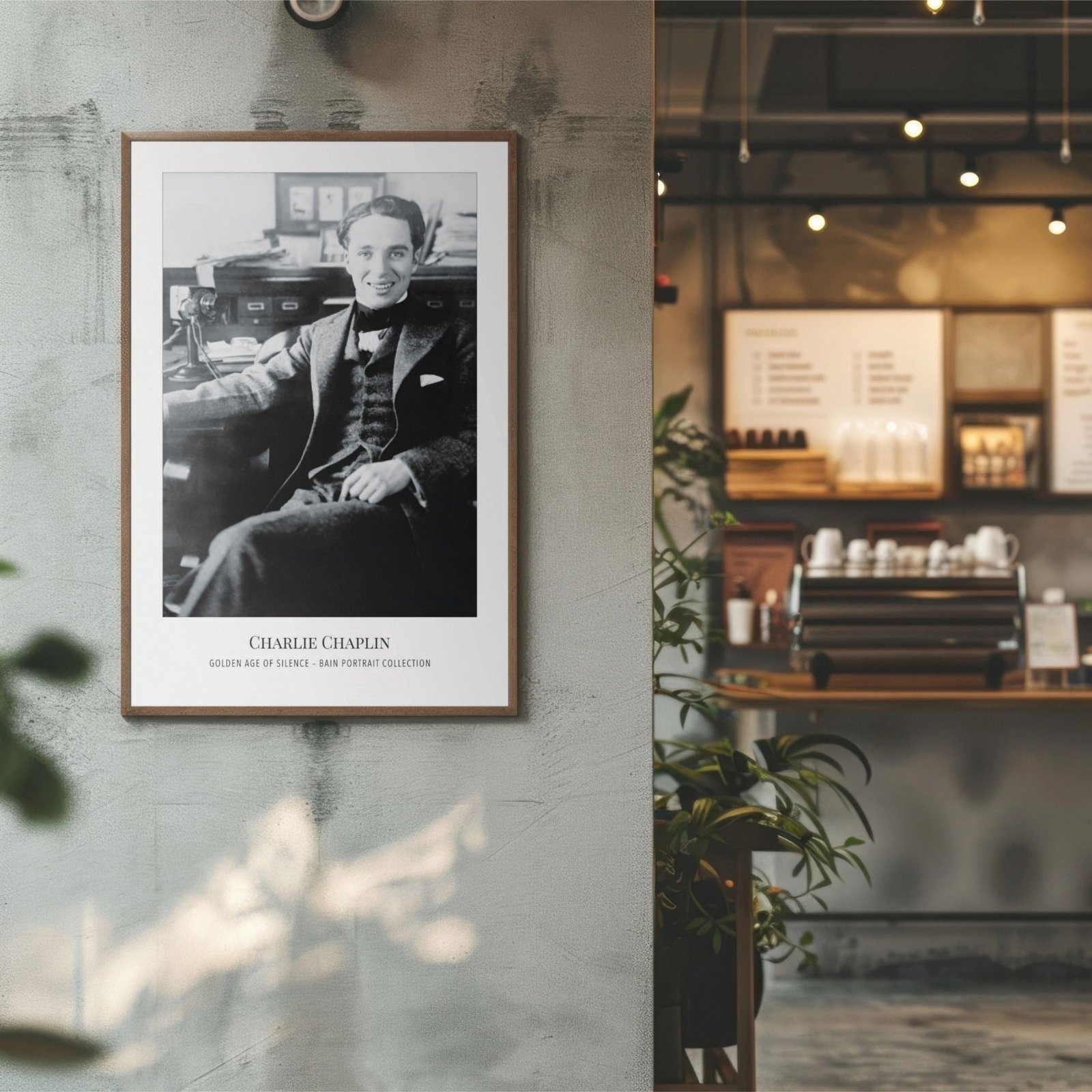 Charlie Chaplin poster in cozy cafe corner.