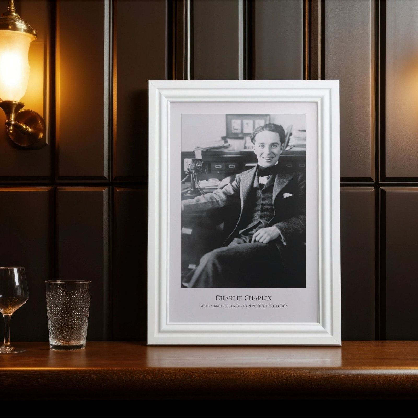 Framed black and white photo on shelf.