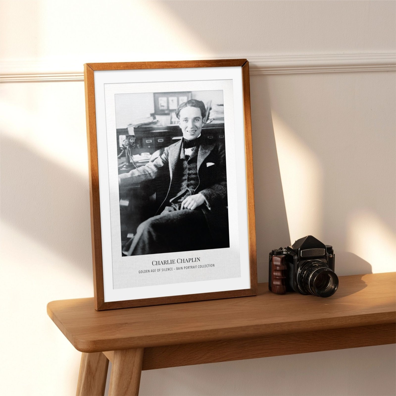 Framed photograph on shelf with vintage camera.