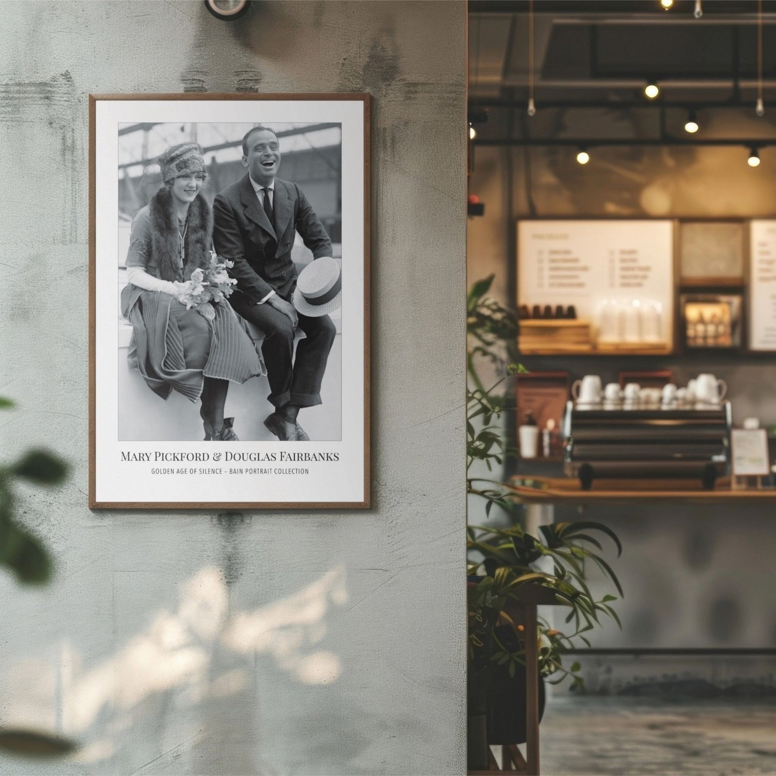 Framed vintage photograph in modern coffee shop.