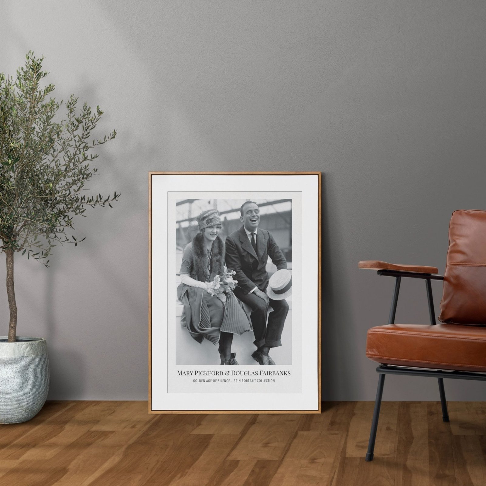 Framed vintage photo in stylish modern living room.