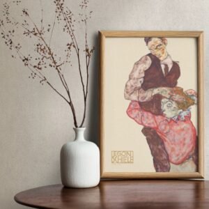 Egon Schiele painting framed on table with vase