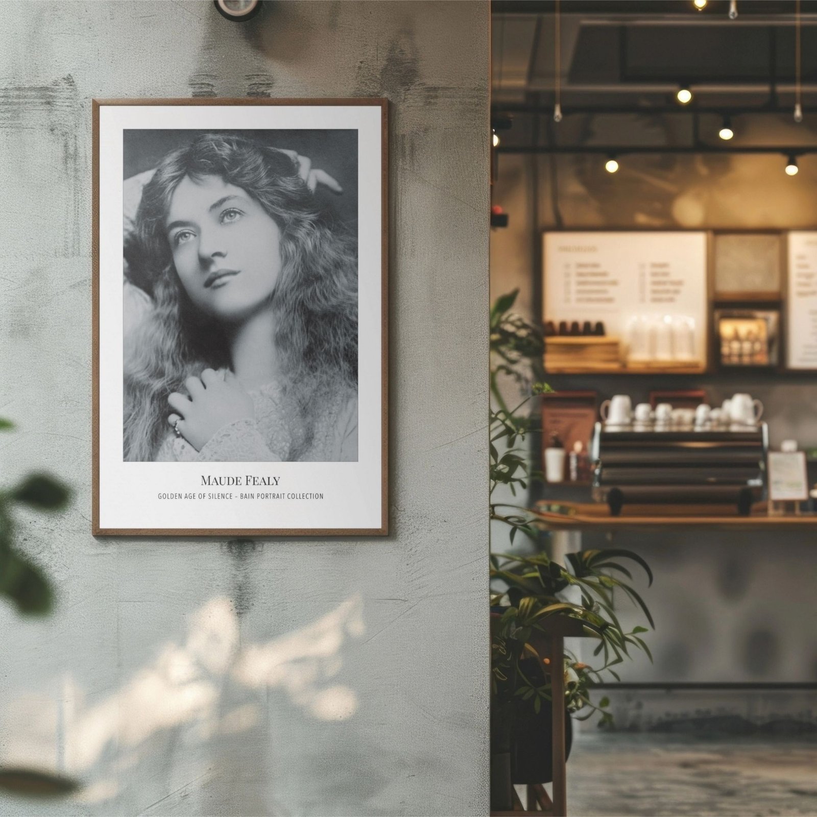 Vintage Maude Fealy portrait in a cozy café.