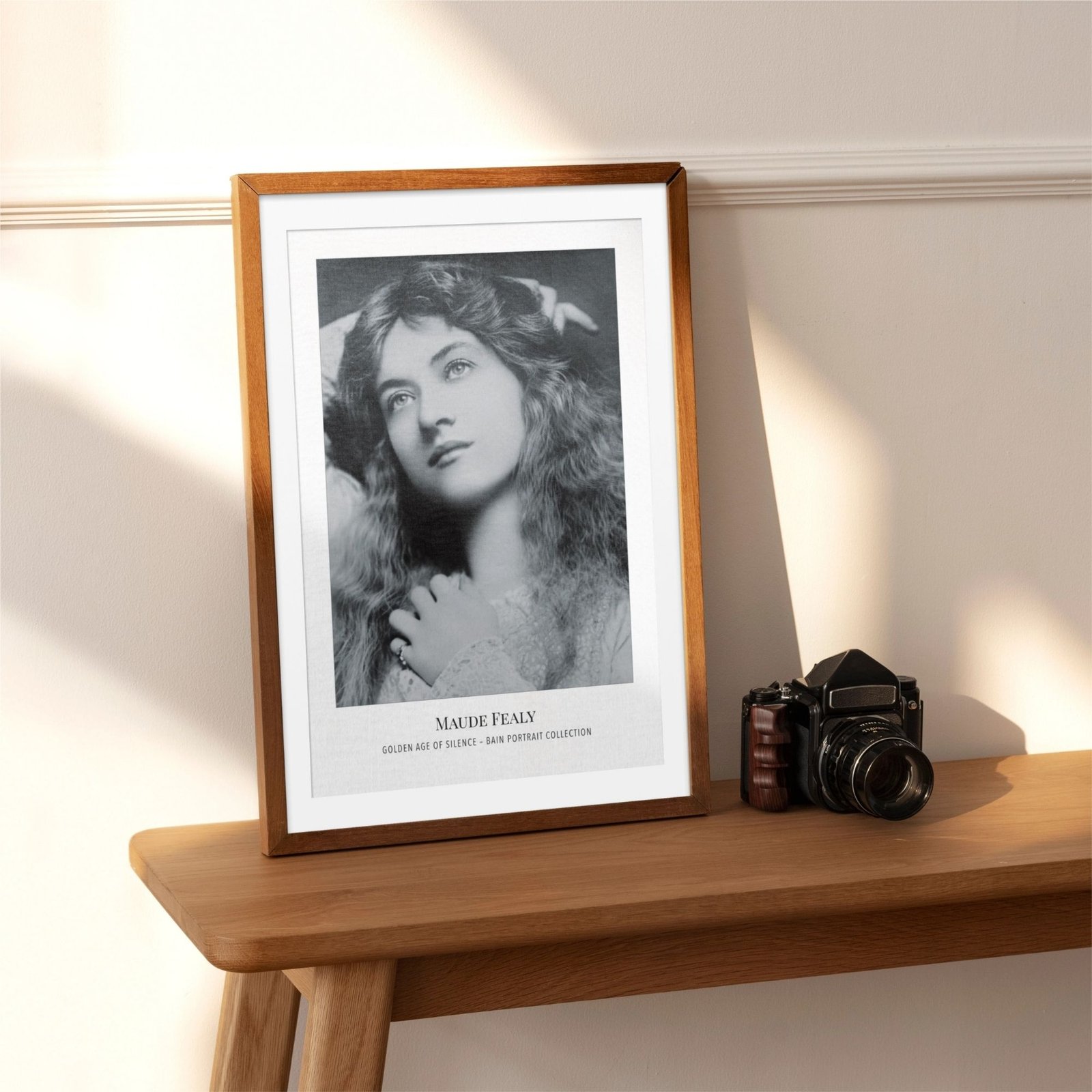 Framed black-and-white portrait on wooden shelf with camera.
