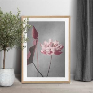 Framed pink flower art beside potted plant.
