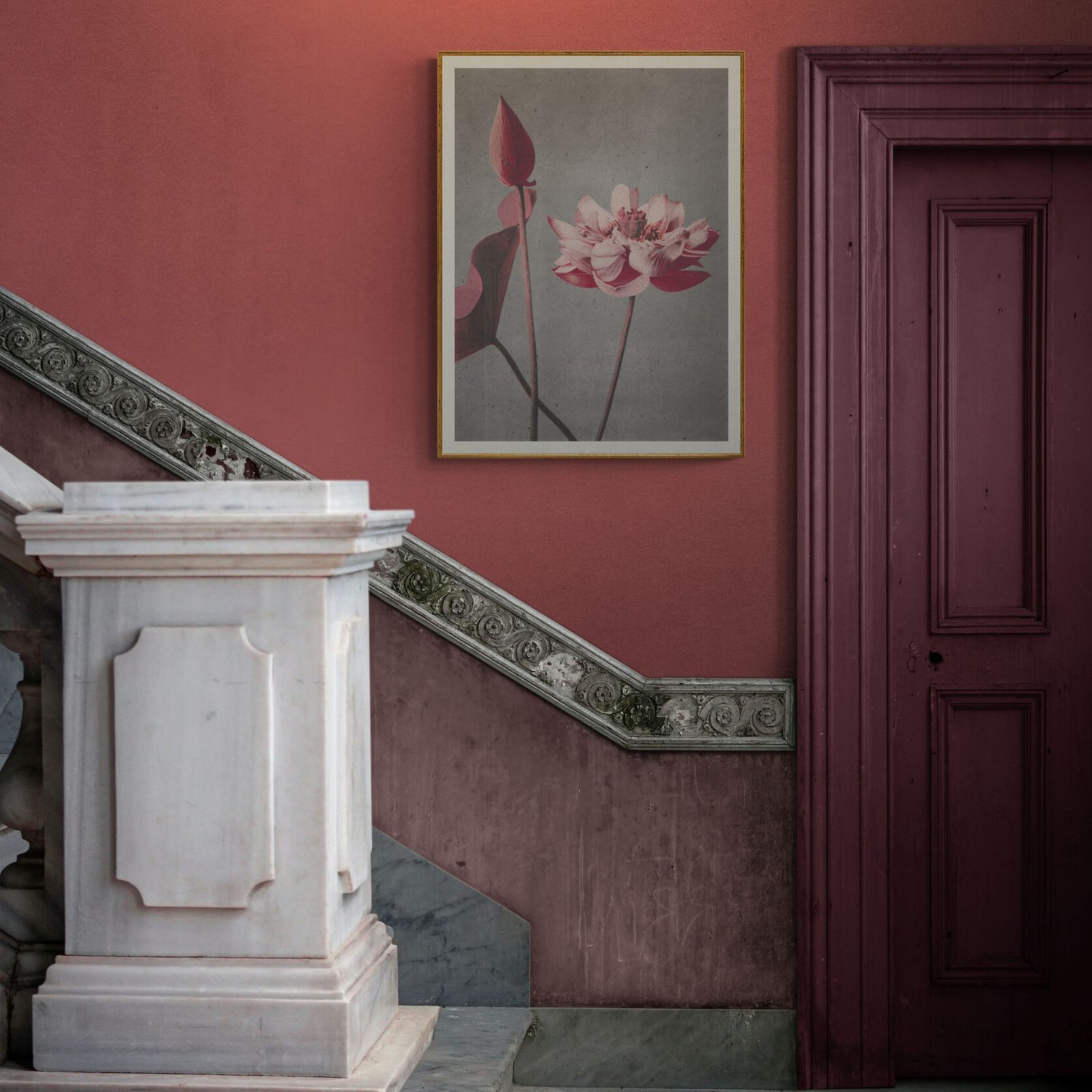Staircase with flower painting and decorative door.