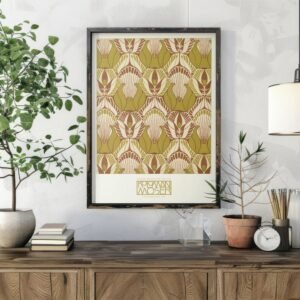 Framed art deco print on wall above wooden table.