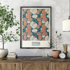Vintage floral wall art above wooden console table.