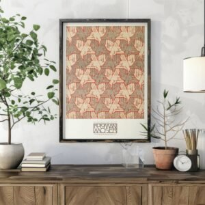 Framed artwork on wall above wooden sideboard.