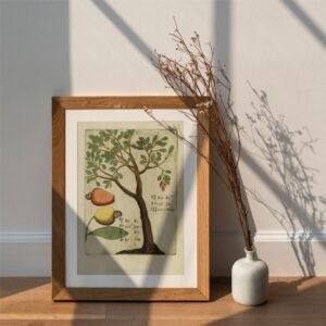Framed botanical art with vase on wooden floor.