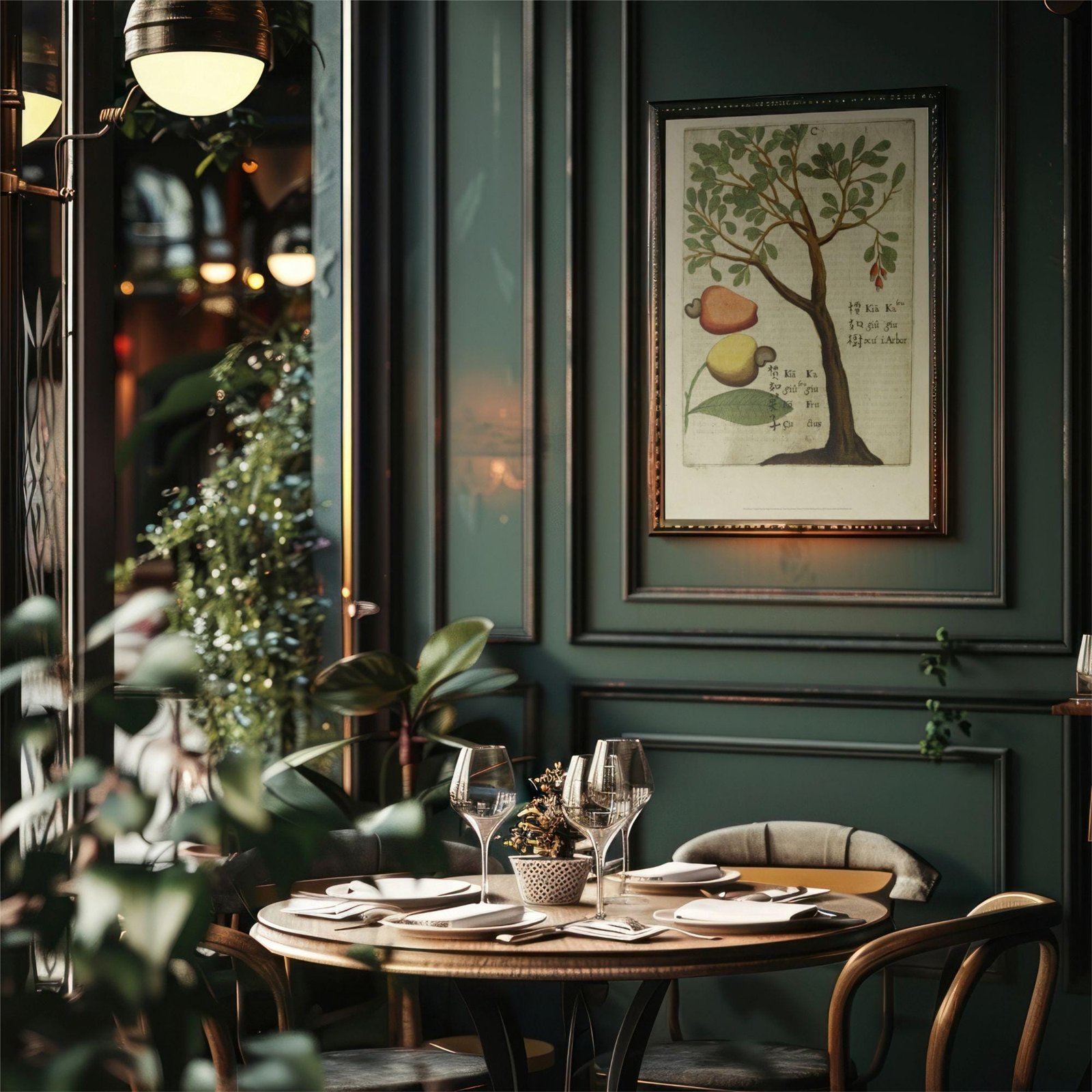 Elegant restaurant with framed botanical artwork.