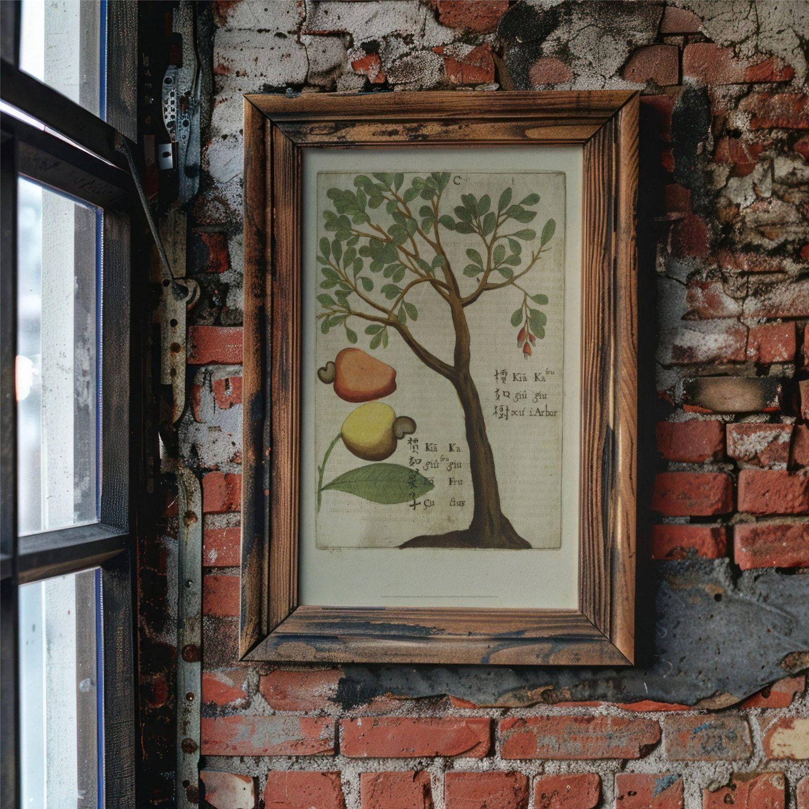Framed botanical print on rustic brick wall.