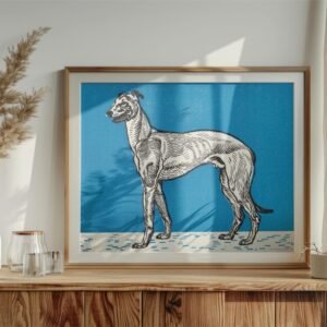 Illustration of a dog in a wooden frame.