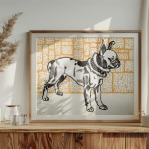 Framed dog illustration on wooden shelf