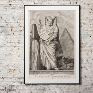 Framed Greek art print on brick wall.