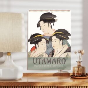 Utamaro 2027 calendar on a wooden table.