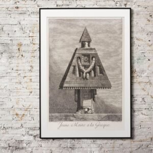 Framed architectural drawing on brick wall