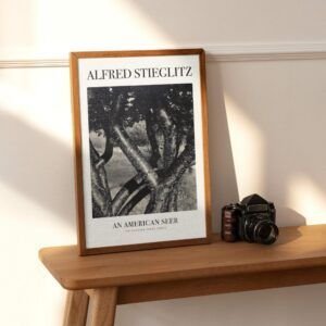 Framed photo of trees on wooden table with camera.