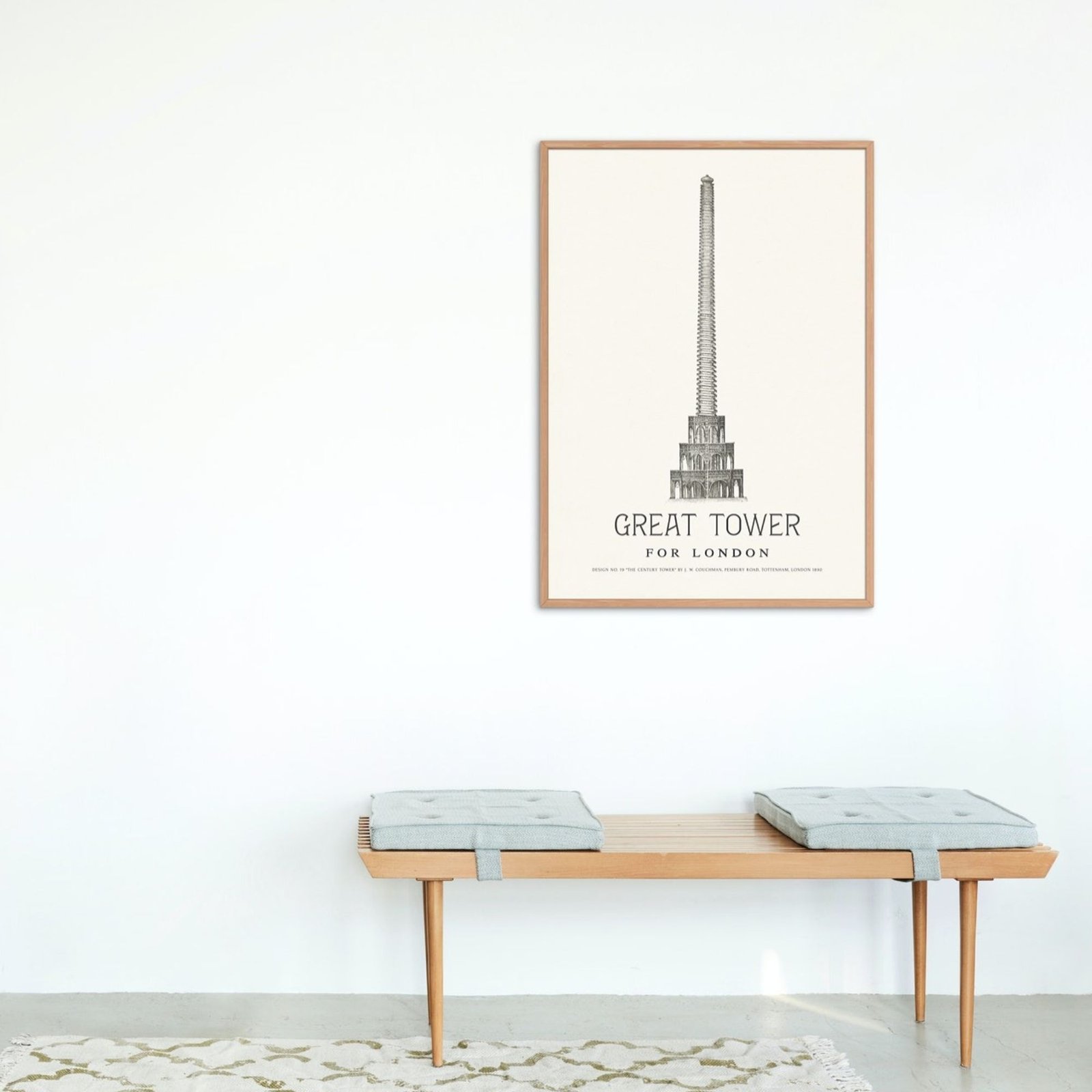 Minimalist room with a framed tower illustration