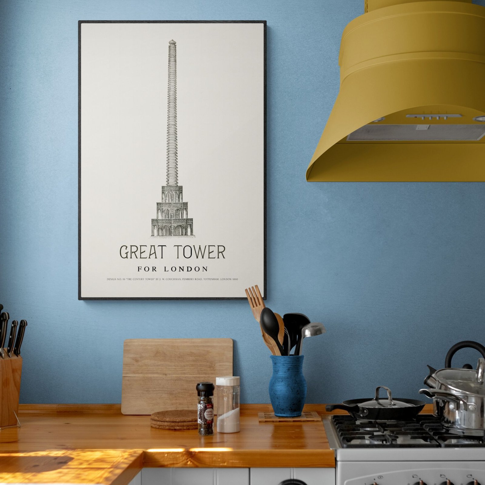 Kitchen décor with Great Tower poster on wall.