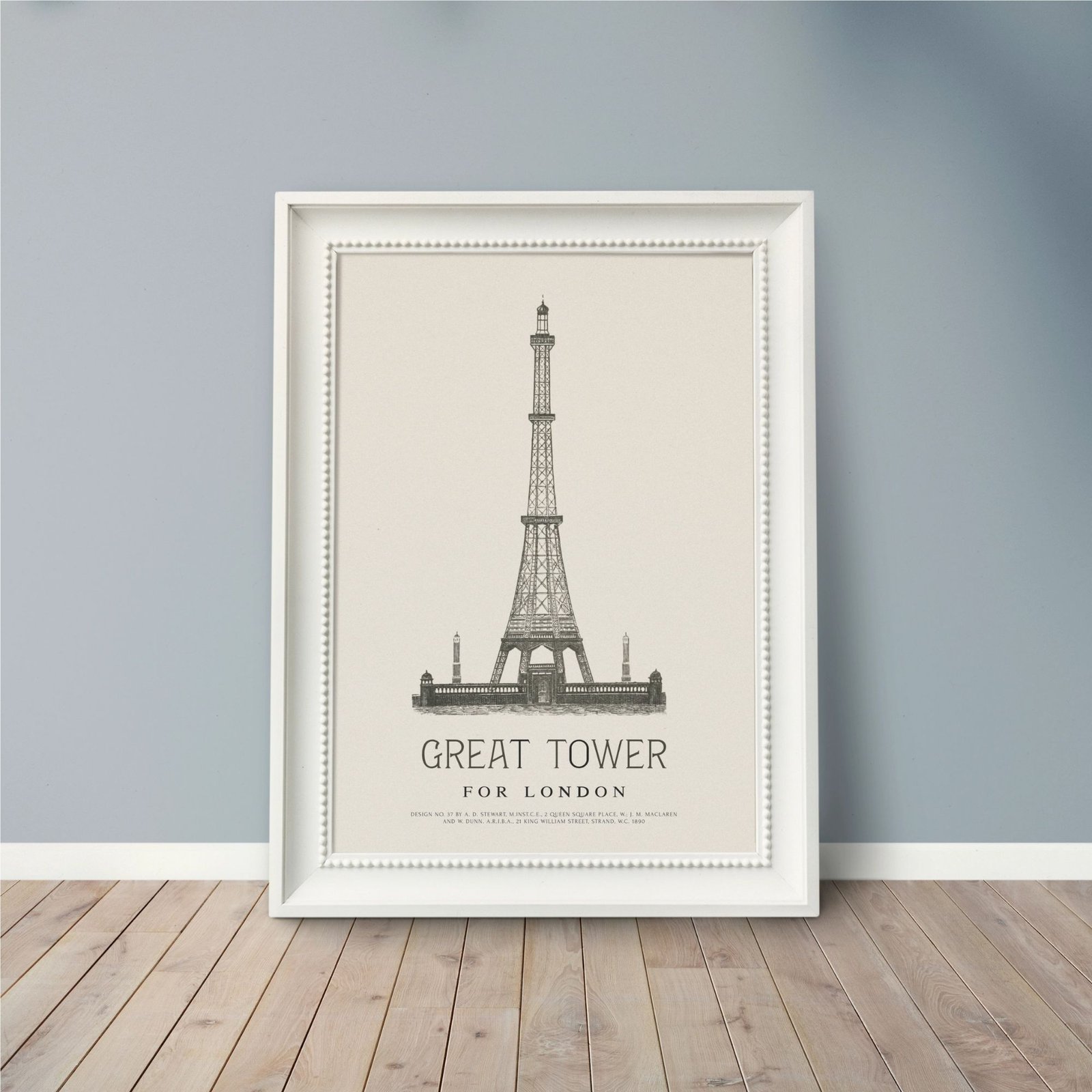 Framed Eiffel Tower illustration titled 'Great Tower for London'.