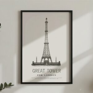 Framed London tower poster on wall.