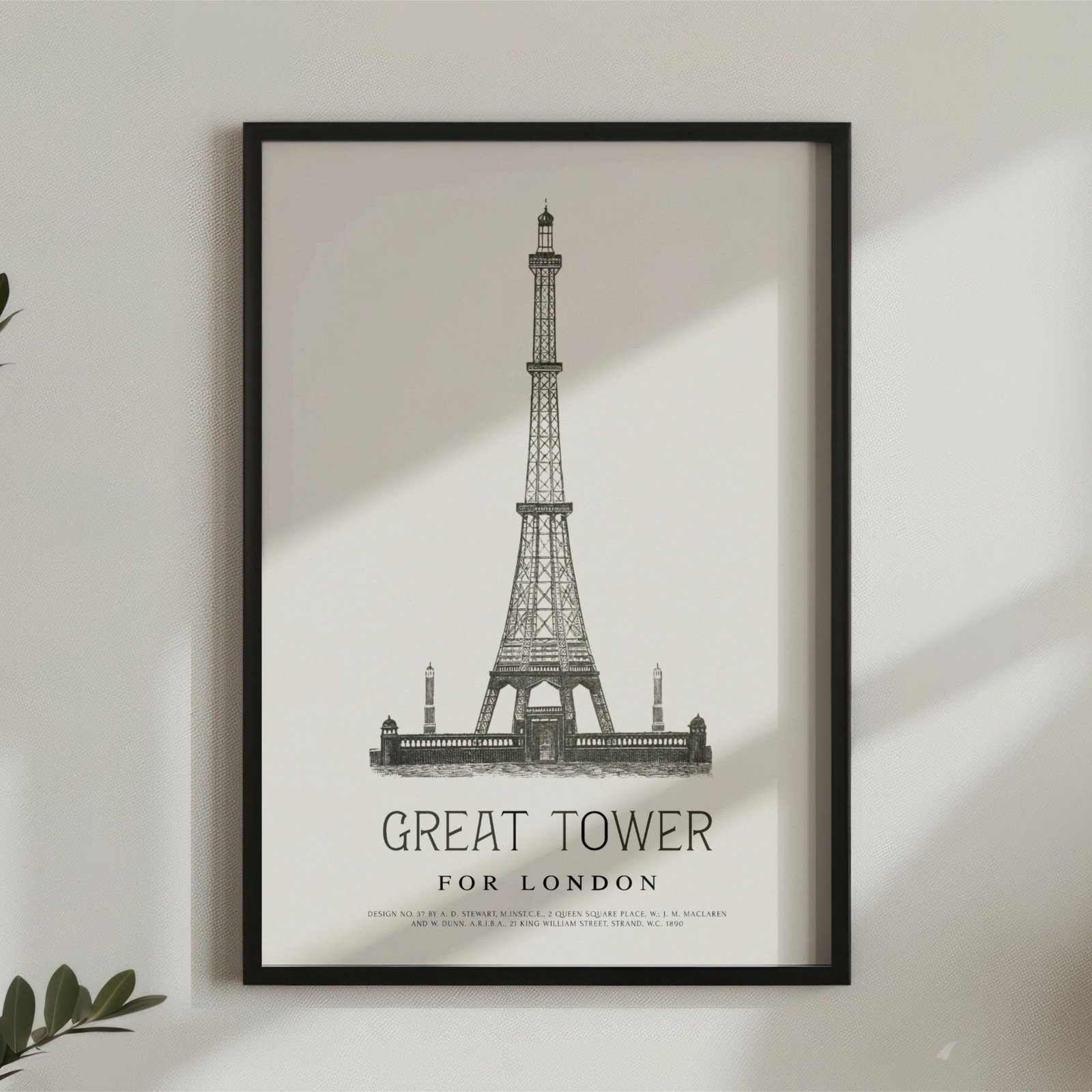 Framed London tower poster on wall.